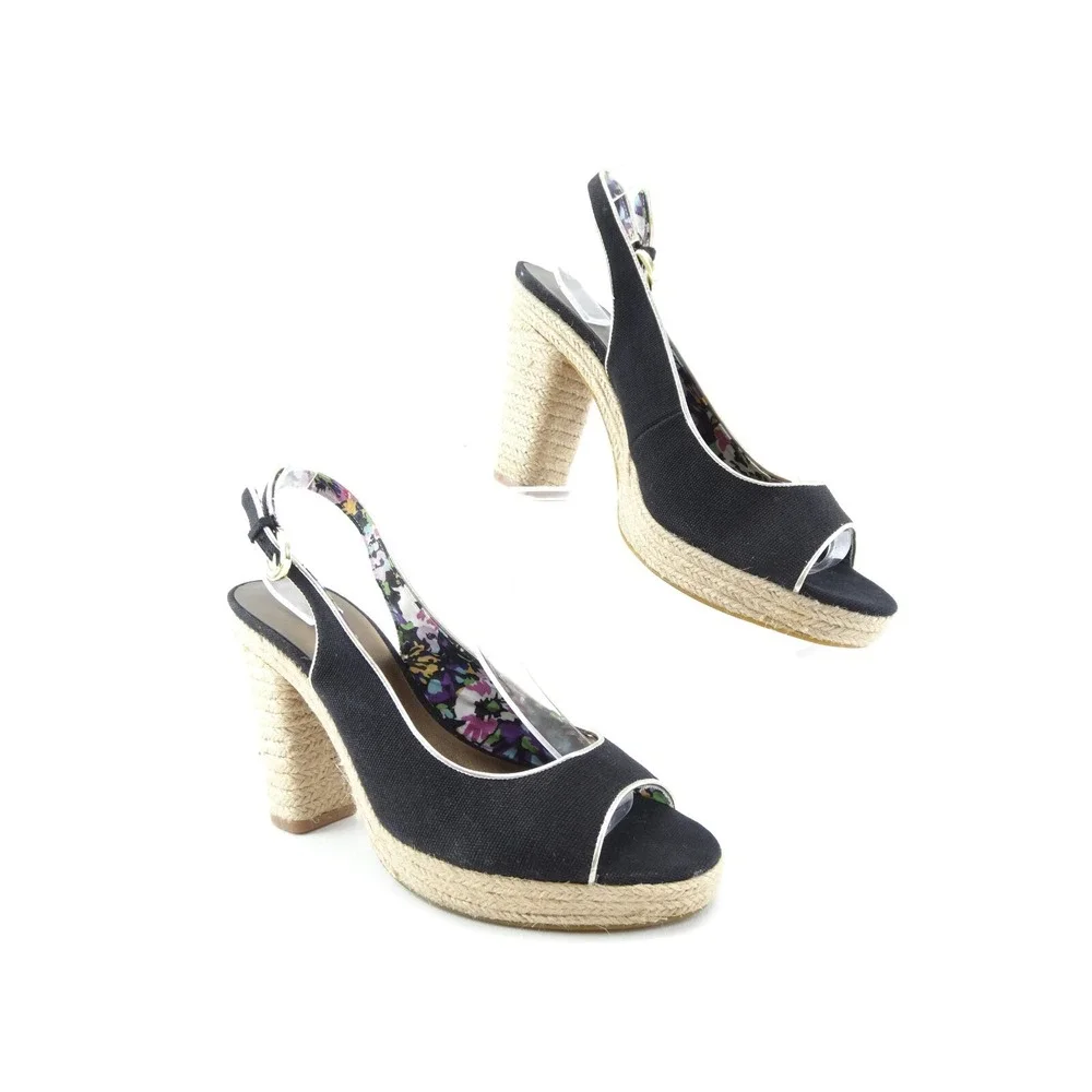 Tahari Barb Black Canvas Slingback Espadrille Shoe Jute Platform Wedge SZ‎ 9.5 M